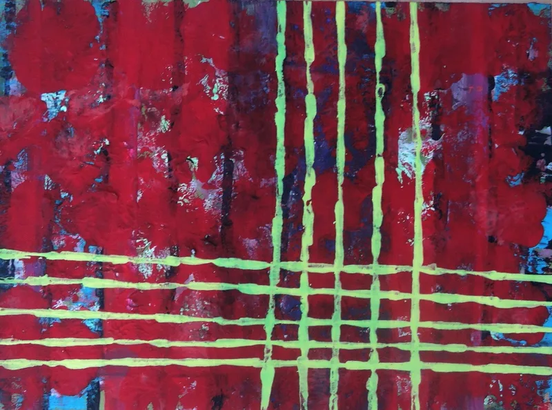 Jungfrau Johanna Artmann, Who is afraid of red and yellow? Verso signiert, Acryl auf Holz, 2019