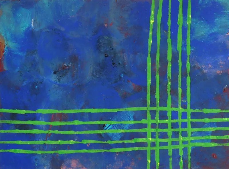 Jungfrau Johanna Artmann, Who is afraid of blue and green? Verso signiert, Acryl auf Holz. 2019