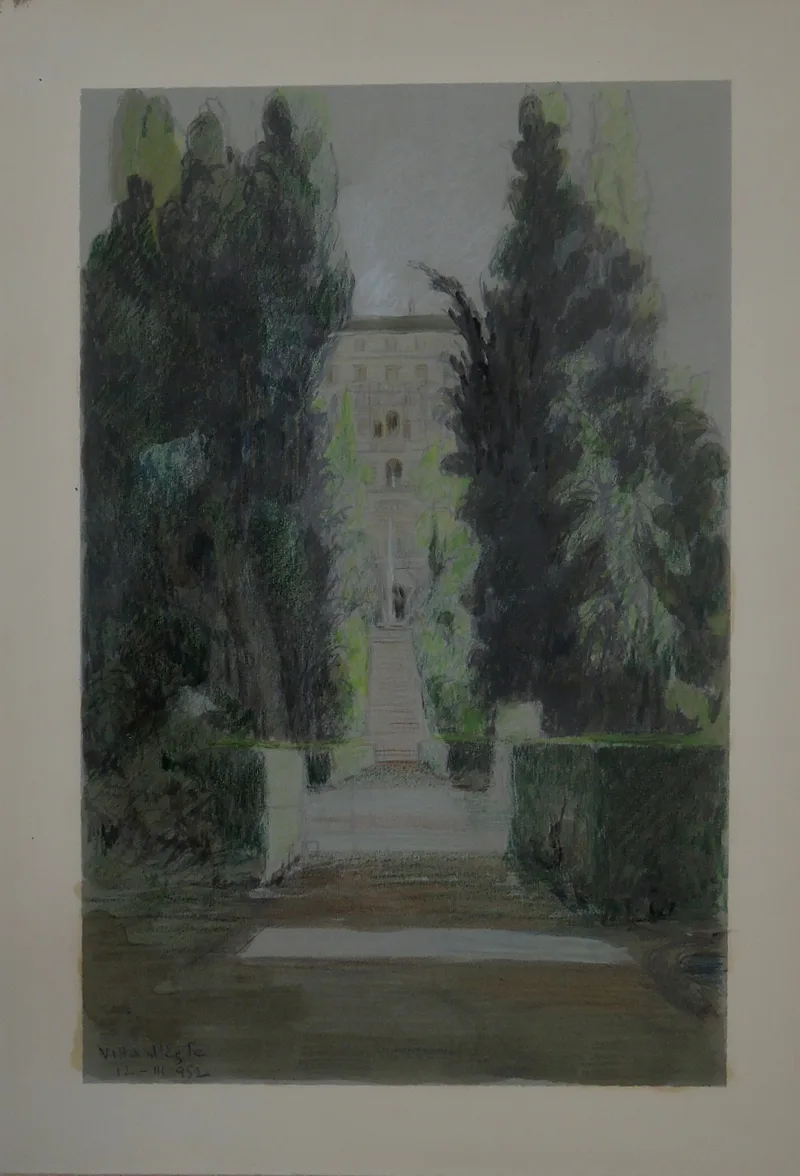 N. N., Villa d´Este, Zeichnung, Aquarell