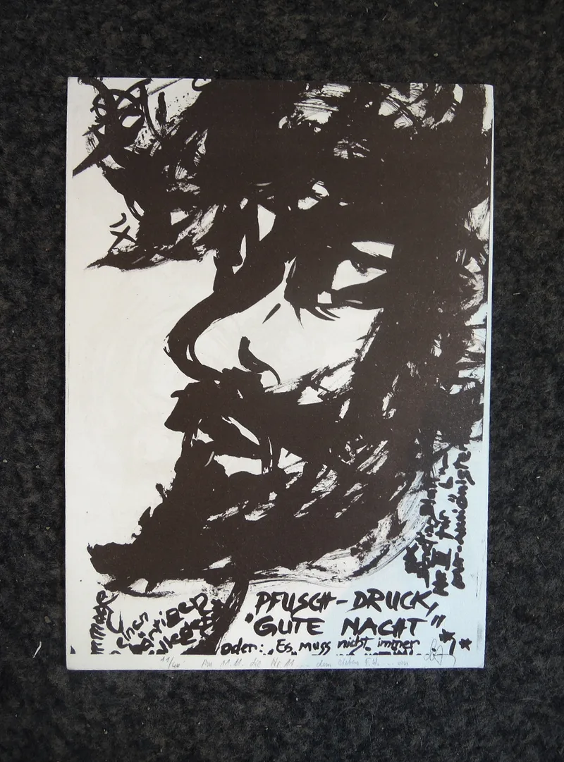 Karl Anton Fleck, Pfusch-Druck „Gute Nacht“ Hommage an einen bärtigen Kollegen oder „Es muss nicht immer…“, Lithographie