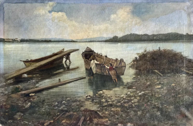 Josef Kafka, Flusslandschaft mit Kindern und Booten, Öl auf Leinwand