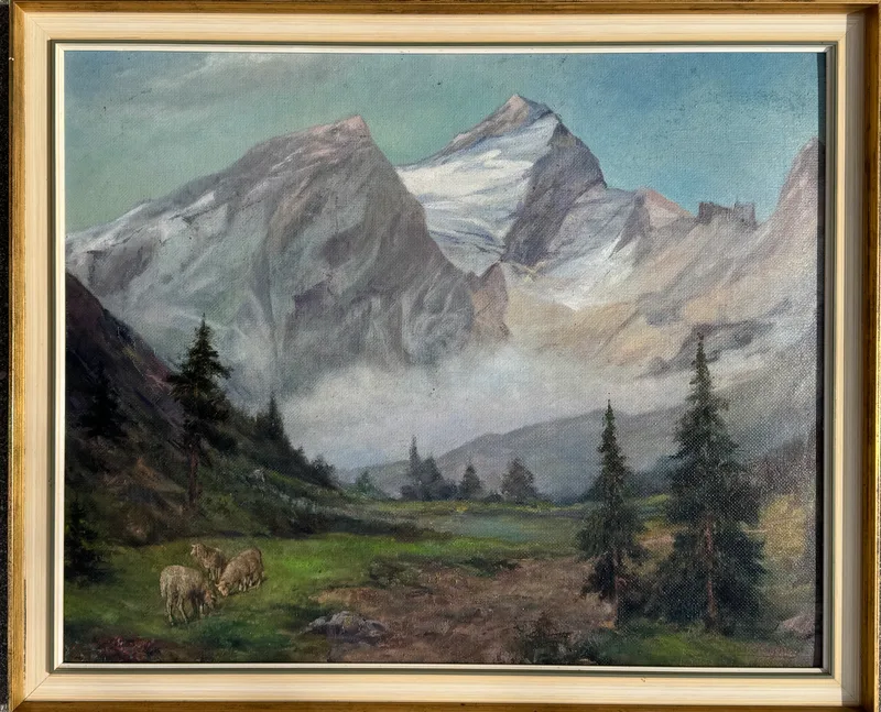 Josef Kafka, Gebirgslandschaft mit Schafen, Öl auf Leinwand