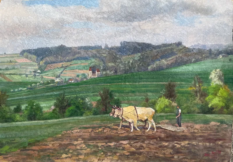 Josef Kafka, Feldbestellung mit 2 Ochsen (Mauer bei Melk, Öl auf Karton