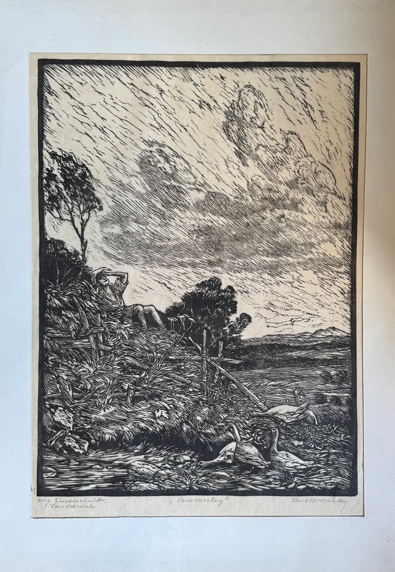 Karl Borschke, Sommertag, Linolschnitt Handdruck für die Gr. Dt. Kunstausstellung 1938 im Haus der Dt. Kunst zu München 1938 o